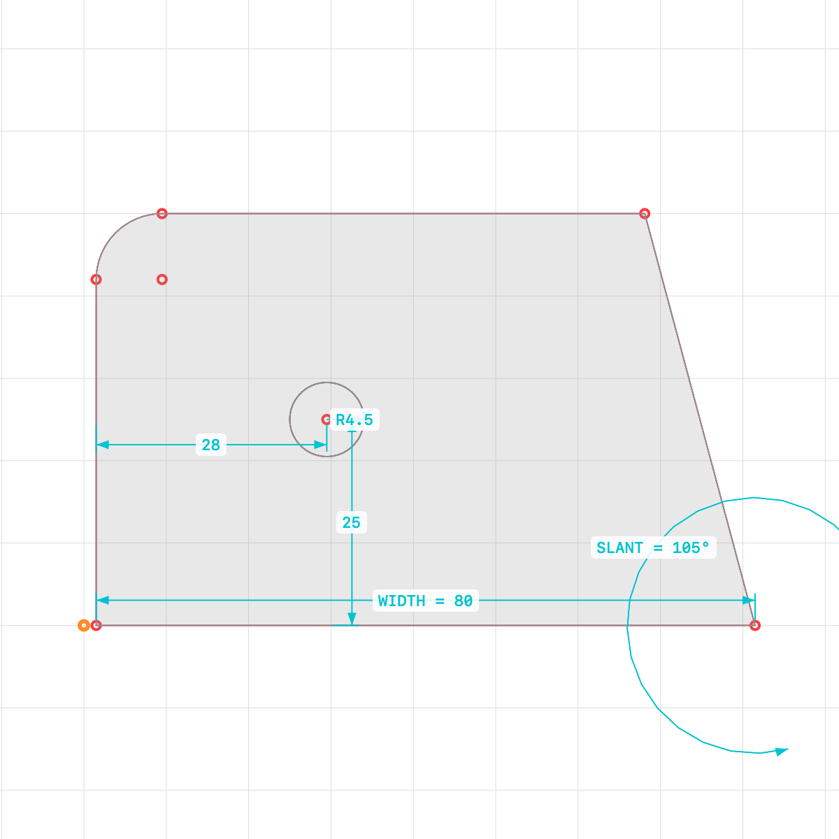 FlywheelCAD dimensioned, constrained 2D sketch of the mounting bracket.
